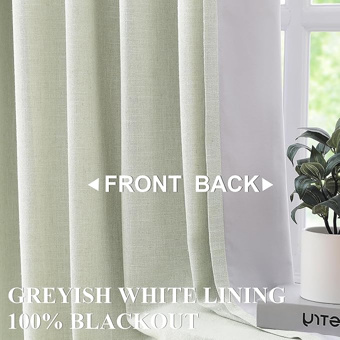 Vision Home Soft Green Pinch Pleated Full Blackout Curtains Linen Blended Room Darkening Window Curtains 120 inch for Living Room Bedroom Thermal Insulated Pinch Pleat Drapes with Hooks 60" Wx120 Lx1