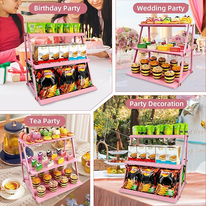 CozyNova 3 tier candy display - Snack holder with snack holder - Multi-functional counter snack and chip holder for stores - Cupcake display stand (Pink)