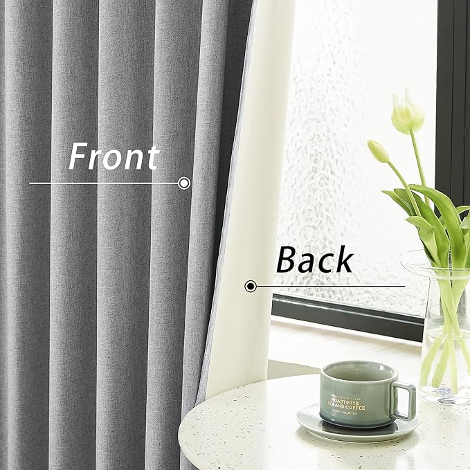 DUALIFE Grey Linen Blackout Curtains 132 Inch Length 2 Panels Set for Living Room Bedroom Back Tab Thermal Insulated 100% Black Out Linen Drapes 11 ft Window Curtains 132 Inches Long
