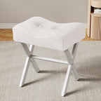 18-Inch Vanity Stool Chair, Vanity Bench with Metal X-Legs, Ottoman Accent Stool with Breathable and Soft Boucle Fabric Saddle Seat, White