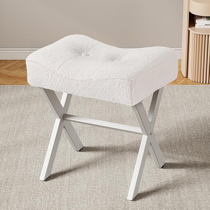 18-Inch Vanity Stool Chair, Vanity Bench with Metal X-Legs, Ottoman Accent Stool with Breathable and Soft Boucle Fabric Saddle Seat, White