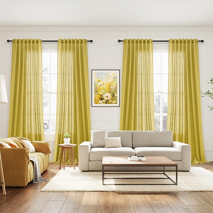Celery Yellow Curtains 96 Inch Long 2 Panels Set Back Tab Rod Pocket Linen Blend Textured Semi Sheer Light Filtering Boho Decor Curtains Aesthetic Room Decor for Bedroom and Living Room 8Ft 52x96 Inch