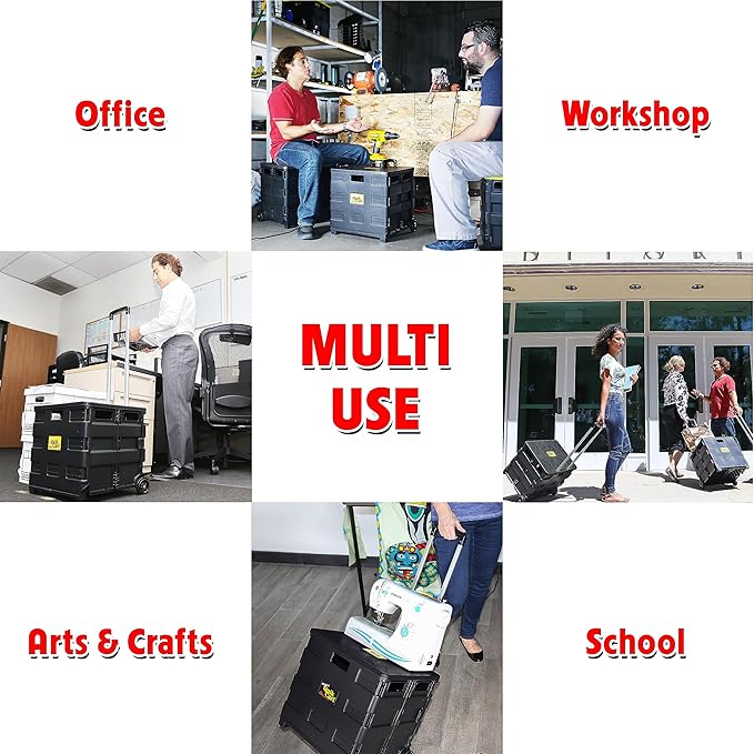 dbest Products Quik Cart Sport Collapsible Rolling Crate on Wheels for Teachers Tote Basket 80 lbs Capacity, Made from Heavy Duty Plastic Used as a Seat, Black, Compact