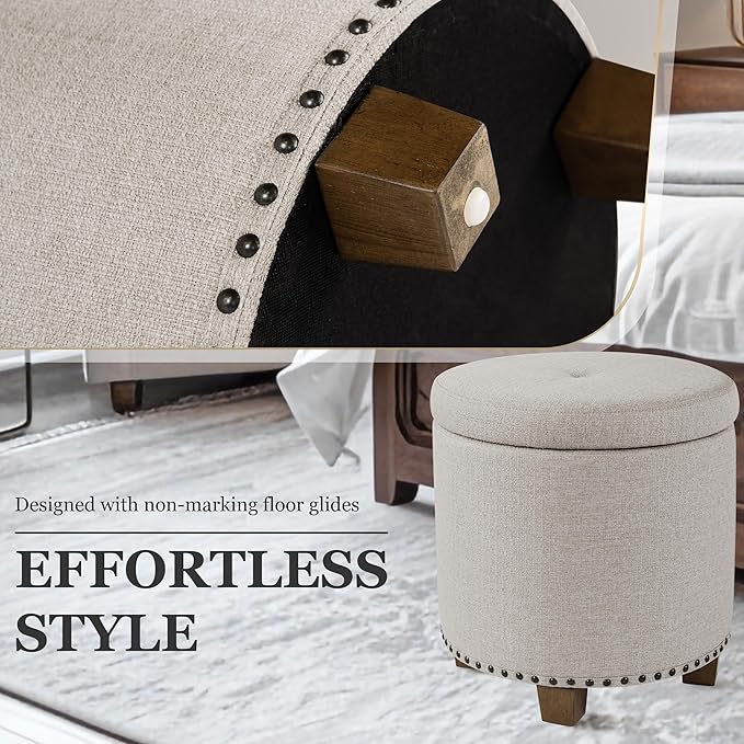 Homepop Home Decor | Upholstered Round Storage Ottoman with Nailheads| Ottoman with Storage for Living Room & Bedroom, Light Brown Fabric