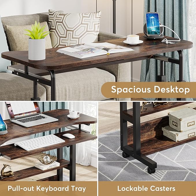 Tribesigns Portable Desk with Power Outlets, Height Adjustable Side Table Sofa Couch Bedside Laptop Computer Cart with USB Charging Ports, Mobile Small Standing Desk with Keyboard Tray