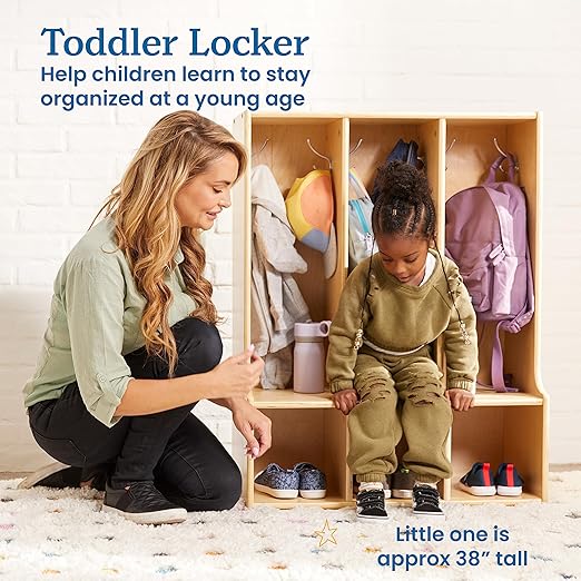 ECR4Kids Streamline 3-Section Toddler Coat Locker with Bench, Kids Furniture, Natural