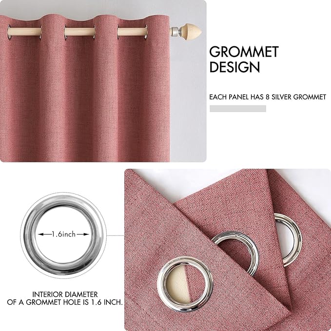 MIULEE 100% Blackout Linen Textured Curtains for Bedroom Solid Thermal Insulated Dusty Rose Grommet Room Darkening Curtains & Drapes Luxury Decor for Living Room Nursery 42 x 90 Inch (2 Panels)