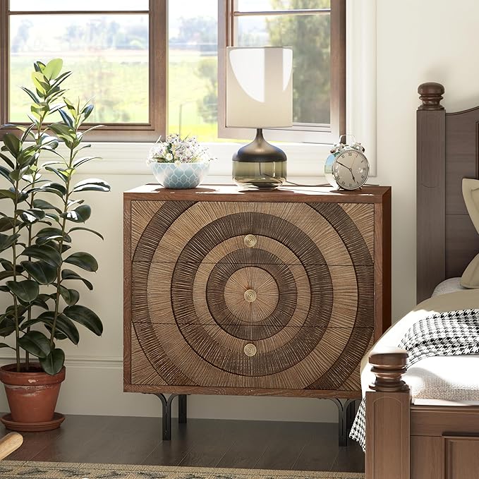 Farmhouse 3-Drawer Dresser, Accent Wooden Chest of Drawers with Circle Pattern and Radioactive Wood Lines, Accent Storage Dresser for Living Room, Bedroom, Natural Wood Color