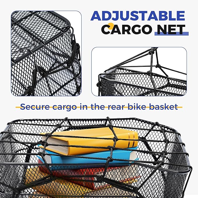 KAUFU Rear Bike Basket with Waterproof Cover and Adjustable Cargo Net, Large Bicycle Cargo Rack Storage Basket, Universal for Most Rear Bike Racks Fit for Shopping, Pets and Daily Outings