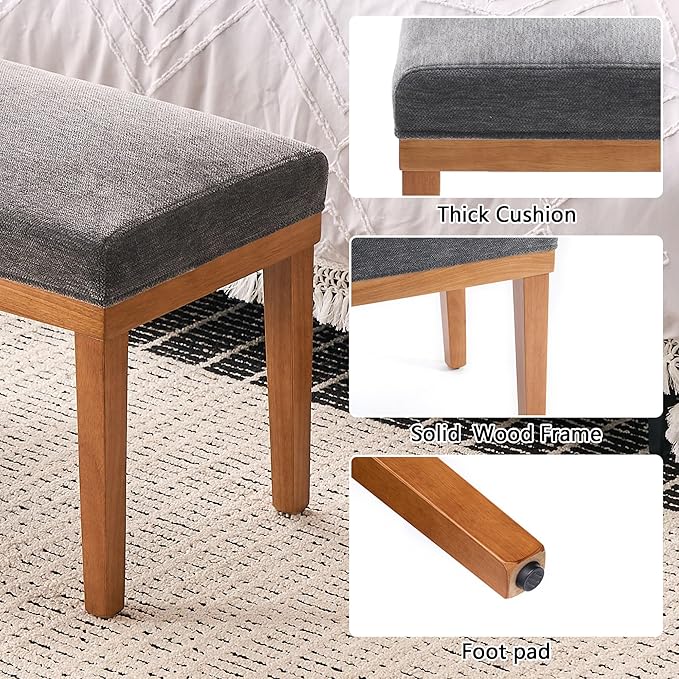 Rowill 53 Inch Long Entryway Bench for Bedroom End of Bed, Dining Room Bench with Upholstered Padded Seat and Solid Wood Leg for Kitchen, Living Room, Indoor and Hallway, Gray