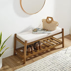 Upholstered Entryway Bench, Bedroom Bench for End of Bed, Dining Bench with Padded Seat for Kitchen, Living Room, Fabric Rubber Wood Indoor Bench (Beige)