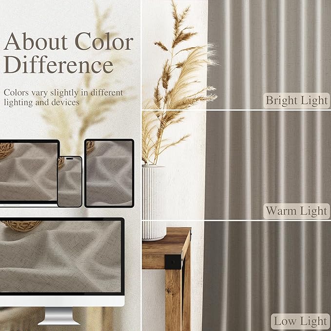 Nanspring Grey Beige Linen Curtains 96 Inches Long for Living Room Simple Modern Luxury Light Filtering Semi Sheer Curtain Back Tab Flax Boho Neutral Gray Drapes for Bedroom Office 52x96, 2 Panels