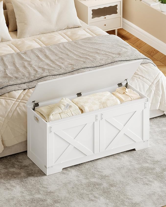 42.9" Storage Chest, Large Storage Trunk with 2 Hinges, Farmhouse Wooden Box Bench, Lift-Top Organizer Chest, Entryway Trunk for Bedroom, Living Room, White SB10903X