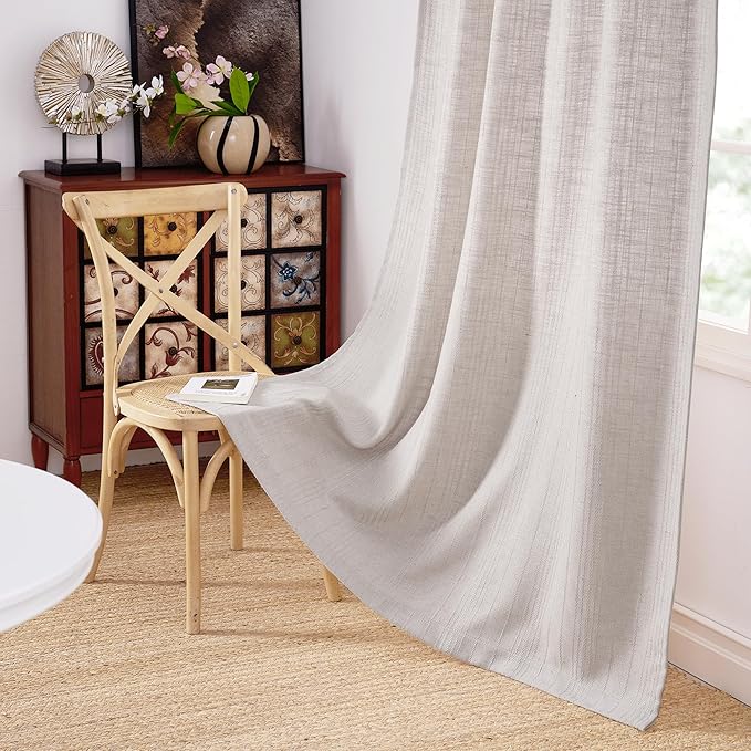NICETOWN Boho Linen Curtains Jacquard Waffle Weave Pattern, Thick Window Treatments Privacy with Light Filtering Drapes for Living Room, W52 x L90, 2 Panels