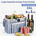 Tirrinia Large Insulated Picnic Basket, 34L Water Resistant & Leakproof Collapsible Portable Cooler Basket Set with Aluminium Handle for Travel, with a Free Foldable Grocery Bag, Strip
