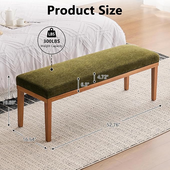 Rowill 53 Inch Long Entryway Bench for Bedroom End of Bed, Dining Room Bench with Upholstered Padded Seat and Solid Wood Leg for Kitchen, Living Room, Indoor and Hallway, Green