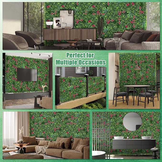 Artificial Boxwood Wall Panels, 20''x20'' 12pcs Grass Wall Panels with Mint Plant Leaves, Greenery Backdrop Privacy Screen with UV Protection, Green Grass Wall for Garden Indoor Outdoor Decor