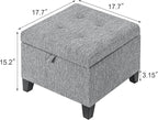 Adeco 17" Square Ottoman with Storage, Small Grey Storage Ottoman Foot Rest with Hinged Lid & Solid Wood Legs, Linen Fabric Foot Stool for Living Room & Bedroom