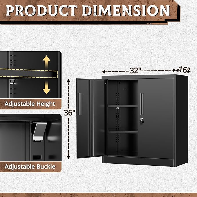 Incbruce 36” Metal Storage Cabinet, Locking Steel Storage Cabinet with 2 Doors and 2 Adjustable Shelves for Garage, Home, Office (Black)