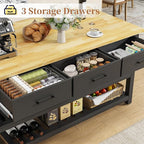 60" Solid Rubberwood Kitchen Island with Power Outlets - Extra Large Work Surface, 3 Drawers & 2 Open Shelves Storage Cabinet for Kitchen Dining Room, Farmhouse Style (Black)