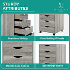 5-Drawer Rolling Storage Cart Organizer - Mobile Under Desk Dresser with Lockable Wheels, Grey Oak Engineered Wood for Home Office Dorm, Compact 15.7 x 15.7 x 26 Inches
