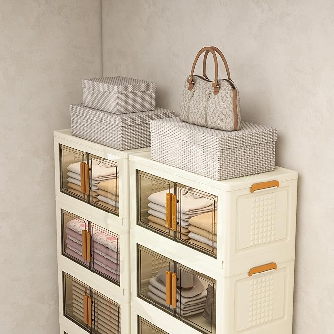 Plastic Stackable Storage Bins with 2 Lids and Wheels, 273.6QT-45.6QT*6Tier Foldable Closet Organizers and Containers, Collapsible Clear Drawer Storage Cabinet with Doors Ivory White