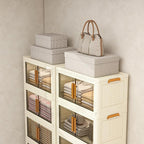 Plastic Stackable Storage Bins with 2 Lids and Wheels, 273.6QT-45.6QT*6Tier Foldable Closet Organizers and Containers, Collapsible Clear Drawer Storage Cabinet with Doors Ivory White