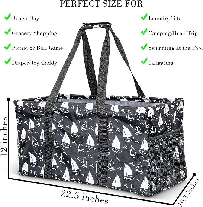 Extra Large Utility Tote Bag - Oversized Collapsible Reusable Wire Frame Rectangular Canvas Basket With Two Exterior Pockets For Beach, Pool, Laundry, Car Trunk, Storage - Sailboat