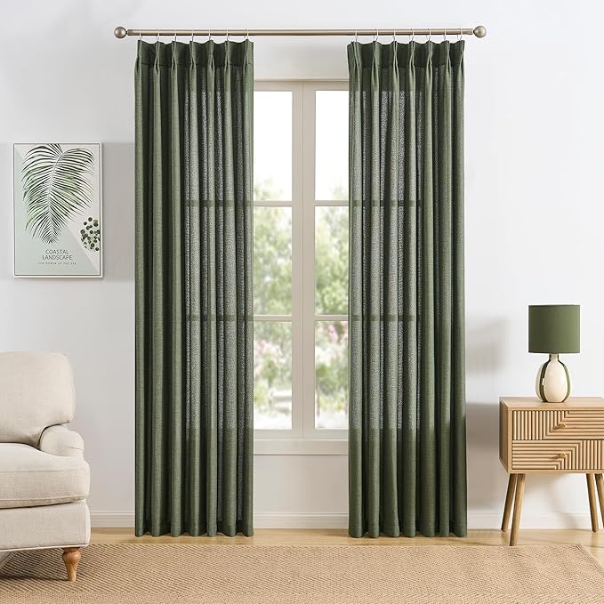 RAIN CITY 2 PCs Olive Green Linen Sheer Pinch Pleat Curtains 96 Inch Long for Living Room,Pleated Drape with Hooks Back Tab Boho Decor, Olive Forest Loden Privacy Curtains for Bedroom 42x96 in