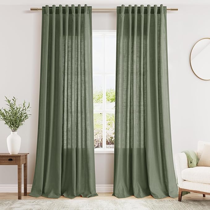 Extended Curtain Olive Green Linen Sheer Curtains for Living Room 2 Panels Set 114 Inch Length Back Tab Light Filtering & Breathability Semi Sheer Curtain Drapes for Bedroom Living Room 52x114
