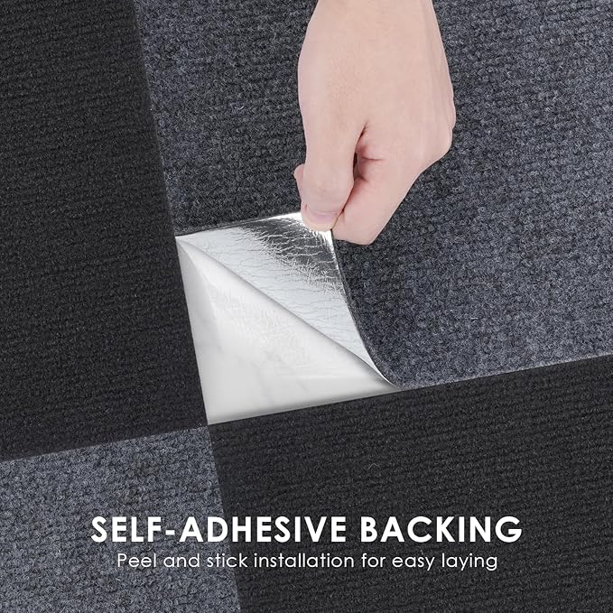 Carpet Tile 10 Pack 24” X 24” Self Adhesive Carpet Floor Tiles Anti-Slip Squares Peel and Stick Floor Tile DIY Installation for Bedroom(Dark Grey)