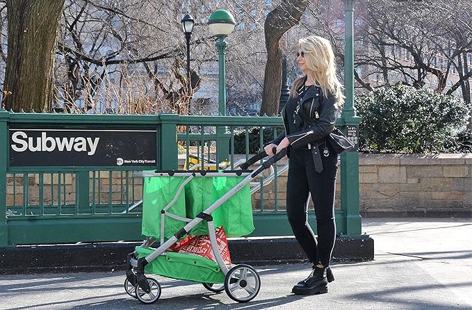 Reusable and Foldable 3 Shopping Bags Easy for Shopping and Carrying Groceries in Store (Silver Frame + 3 Green Baskets)