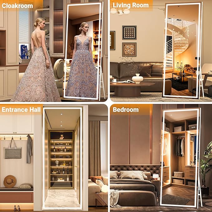 Full Length Mirror with Lights, 75" x 28" LED Lighted Floor Standing Body Mirror, Dimmable & 3 Color Lighting for Bedroom, Cloakroom, Dressing Room, Tempered Glass, Square White