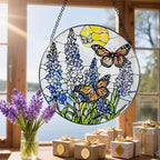 Stained Glass Window Hanging, 8 Inch Lavender & Butterfly Sun Catcher Decor, Stained Glass Ornament, Suncatchers for Windows Hanging, Window Decor, Gifts for Butterfly Lovers, Flower Lovers Gifts