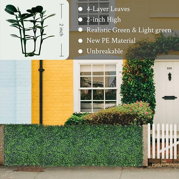 Artificial Grass Wall Panel,10"x 10"(12P) 4-Layer Leaf UV-Anti Greenery Faux Boxwood for Indoor,Outdoor Patio Balcony Privacy & Ivy Fence Covering Privacy, Garden, Backyard Wall Backdrop Decor