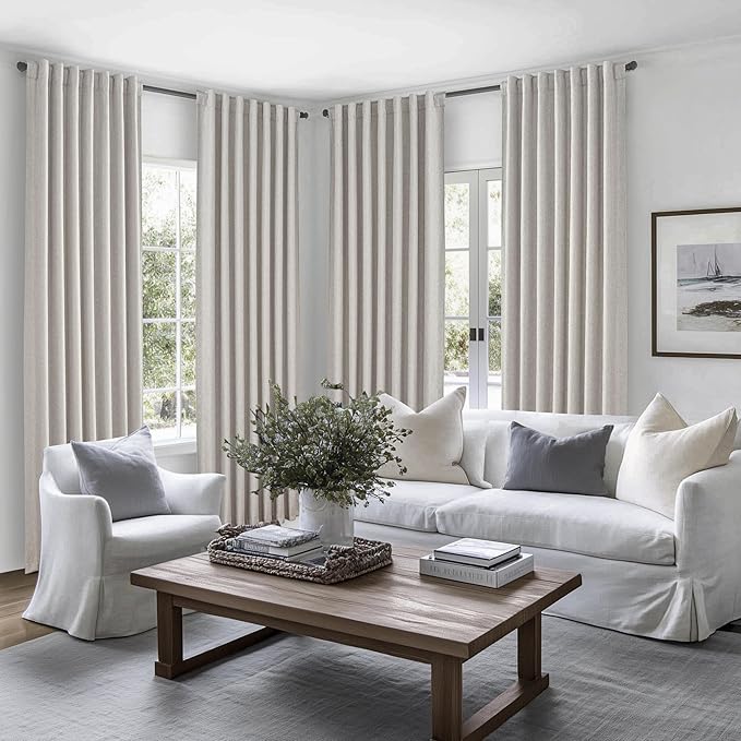 Pleat Linen Blend Room Darkening Extra Long Curtains 120 Inch Length 2 Panels Set for Living Room, Natural Melange Grey for Bedroom Windows Blackout Drapes Heat Blocking for Summer Heat (50"Wx120"L)