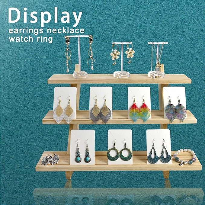 3 Tier Earring Display Stands For Selling, Retail Display Riser Earring, Ring Holder Stand, Removable Countertop Small Merchandise Display Stand, for Figures,Cupcake, Photo (Wood color)