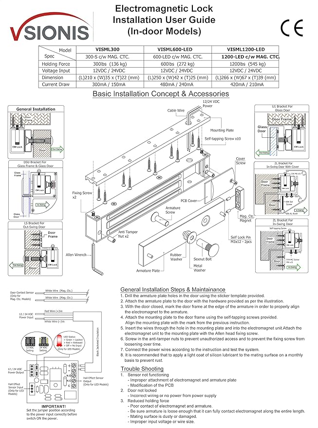 Visionis FPC-5224 300lbs Indoor Electromagnetic Lock with 300 lbs U Bracket for Glass Door for Access Control