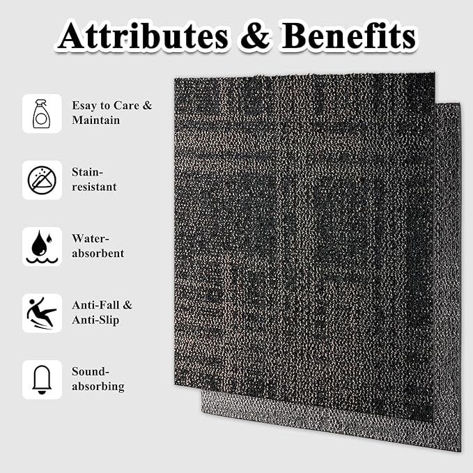 Carpet Tiles 20x 20 Inch, Floor Square Carpet Tiles, Indoor Outdoor Carpet Tile for Home Basement Commercial, Black & Grey-24 Tiles/64.5 Sq.Ft per Box