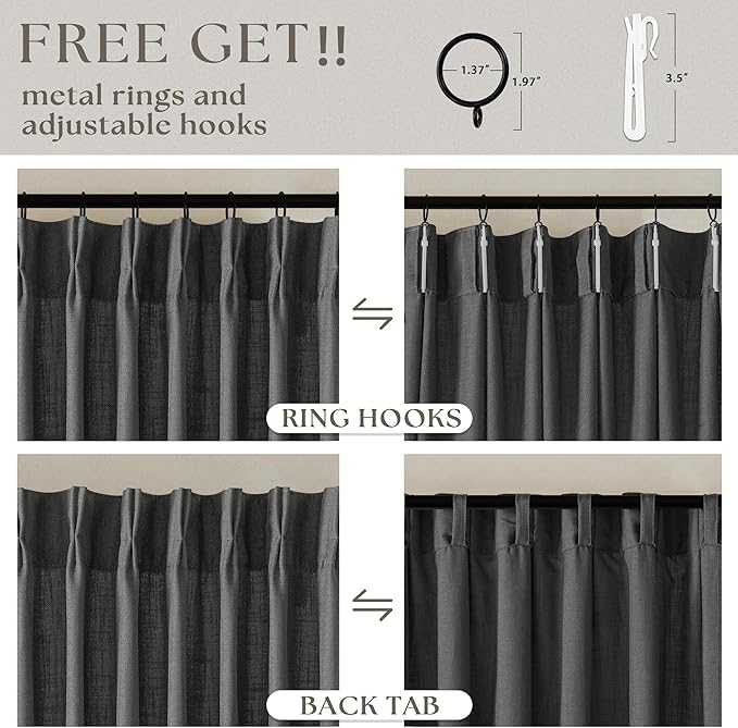 Dark Grey Linen Pinch Pleated Curtains 102 Inches Long for Living Room Pleated Drapes Hooks Back Tab Thick Linen Textured Modern Farmhouse Charcoal Simple Gray 102 Inch Curtain for Dining Bedroom