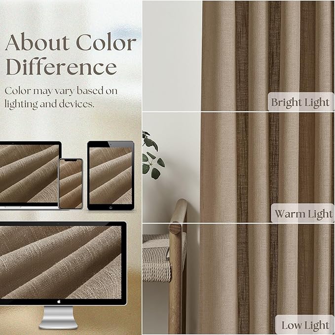 Pleated Linen Curtains 96 Inches Long for Living Room 2 Panel Set Semi Sheer Light Filtering Pinch Pleat with Rings Hooks Drapes Boho Farmhouse Rustic Light Brown Tan Latte Curtain Bedroom Window