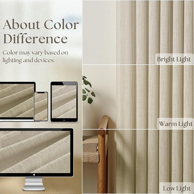 Linen Flax 102 Inch Curtains Pinch Pleated Linen Curtains 2 Panels for Living Room Bedroom Memory Training Semi Sheer Pinch Pleat Farmhouse Beige Drapes Back Tab Light Filtering Window Curtain 40x102