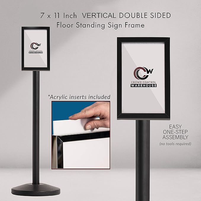 Crowd Control Warehouse Pedestal Standing Floor Sign Frame with Sloped Base, 7x11 Inch Vertical, Satin Stainless Steel