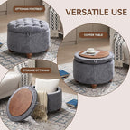 24Inch Round Storage Ottoman with Tray, Modern Tufted Circle Coffee Table with Storage, Upholstered Ottoman with Removable Top for Living Room, Bedroom, Chenille Blue