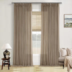 Pleated Linen Curtains 96 Inches Long for Living Room 2 Panel Set Semi Sheer Light Filtering Pinch Pleat with Rings Hooks Drapes Boho Farmhouse Rustic Light Brown Tan Latte Curtain Bedroom Window