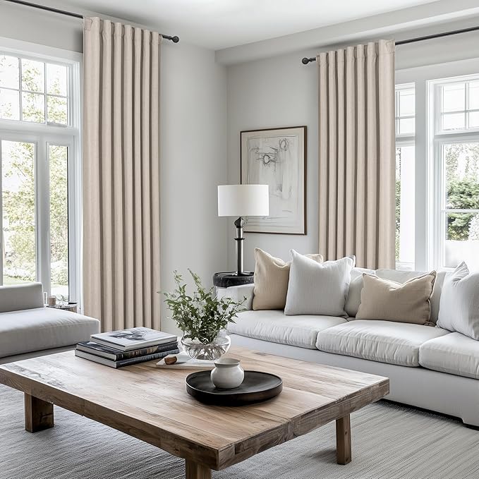 Full Blackout Taupe 102 Inch Long Curtains for Sliding Glass Doors 2 Panels Set, Rustic Country Linen Blend Greyish Flax Heavy Burlap Drapes Pin Hooks&Rings Back Tab Large Window Curtain (50"Wx102"L)