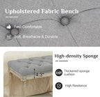 LOULENS 43.9" Linen Fabric End of Bed Bench, Vintage French Upholstered Button Tufted Entry Bench, Window Seat with Carved Wood Legs for Bedroom, Living Room, Entryway, Foyer, Hallway, Light Grey