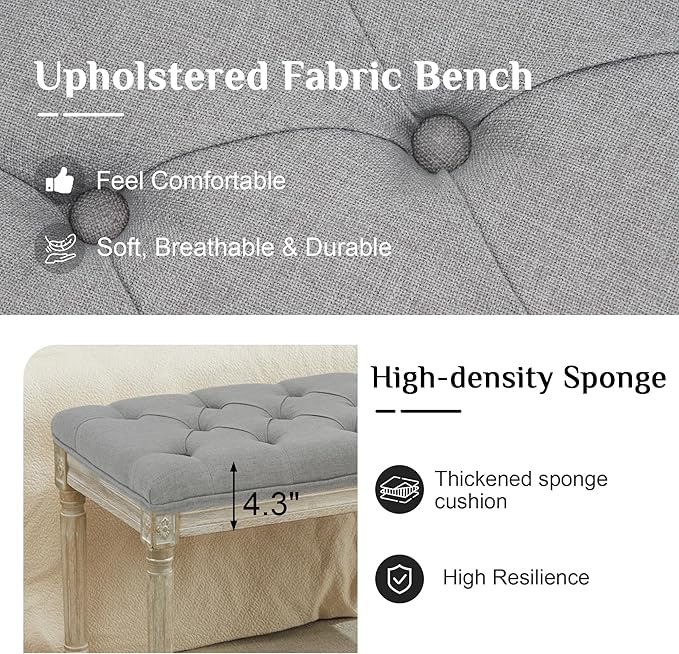 LOULENS 43.9" Linen Fabric End of Bed Bench, Vintage French Upholstered Button Tufted Entry Bench, Window Seat with Carved Wood Legs for Bedroom, Living Room, Entryway, Foyer, Hallway, Light Grey