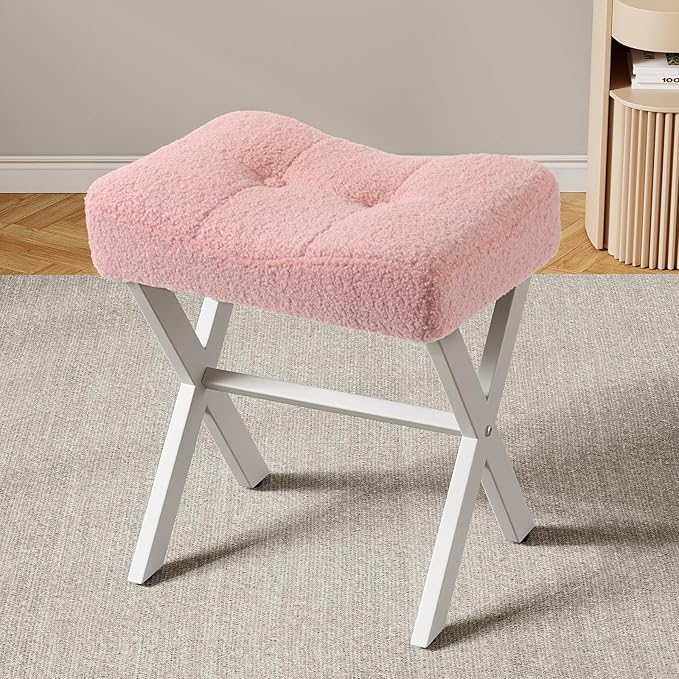 18-Inch Vanity Stool Chair, Vanity Bench with Metal X-Legs, Ottoman Accent Stool with Breathable and Soft Boucle Fabric Saddle Seat, Pink
