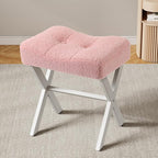 18-Inch Vanity Stool Chair, Vanity Bench with Metal X-Legs, Ottoman Accent Stool with Breathable and Soft Boucle Fabric Saddle Seat, Pink